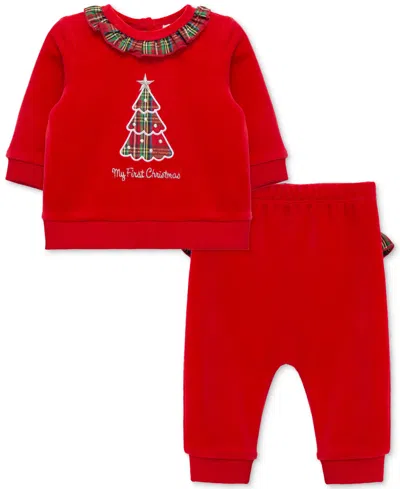Little Me Baby Plaid Tree Velour Top & Pants, 2 Piece Set In Red