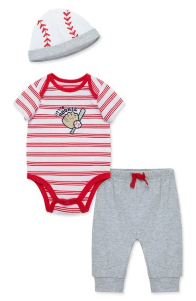 Little Me Babies'  Baseball Cotton Bodysuit, Joggers & Hat Set In Grey/red/white