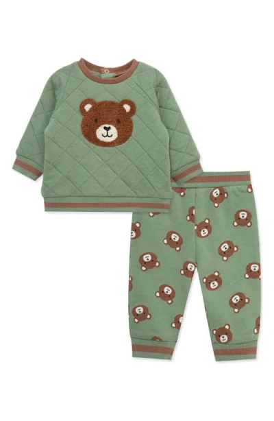 Little Me Babies'  Bear Appliqué Quilted Sweatshirt & Sweatpants Set In Green