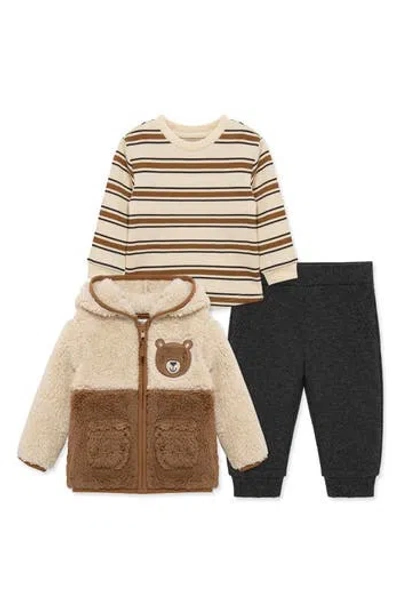 Little Me Babies'  Bear High Pile Fleece Jacket, T-shirt & Joggers Set In Brown