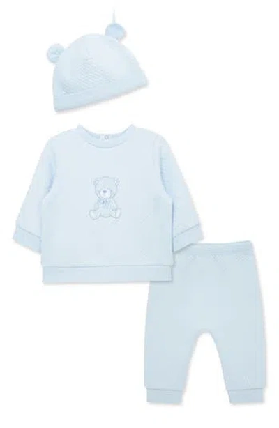 Little Me Babies'  Bear Quilt Hat, Pullover & Pants Set In Blue