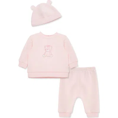 Little Me Babies'  Bear Quilt Sweatshirt, Pants & Hat Set In Pink