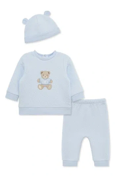 Little Me Babies'  Bear Quilted Top, Pants & Hat Set In Blue