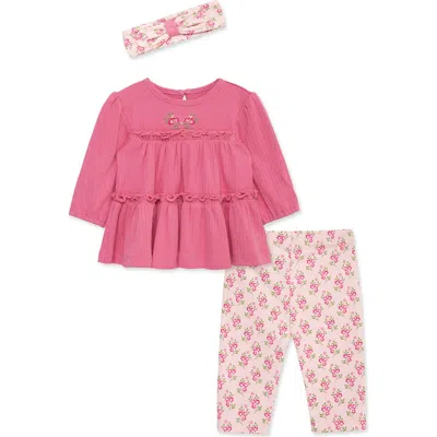 Little Me Babies'  Bellflower Tunic, Leggings & Headband Set In Pink