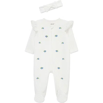 Little Me Babies'  Blueberries Ruffle Cotton Footie & Headband Set In White