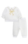 Little Me Bow Collared Top & Joggers Set In White
