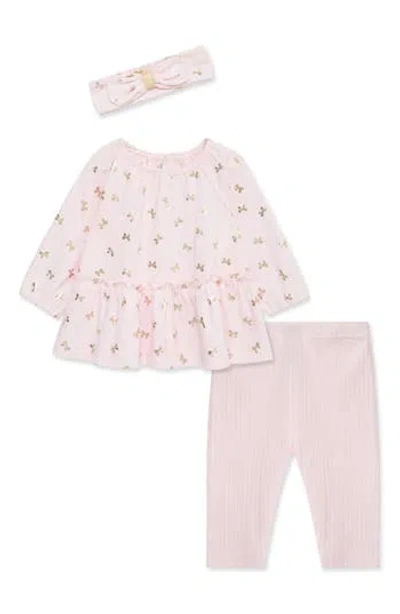 Little Me Babies'  Bow Shine Tunic, Leggings & Headband Set In Neutral