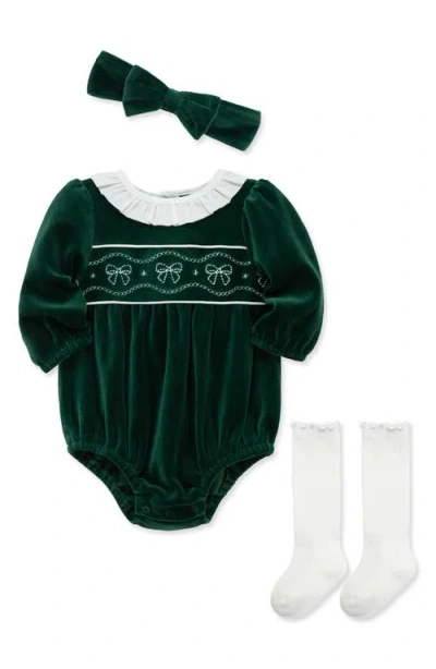 Little Me Babies'  Bows Cotton Blend Velour Bubble Romper, Headband & Knee High Socks Set In Green