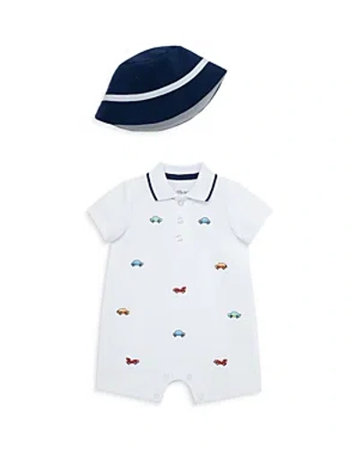 Little Me Boys' Cotton Cars Romper With Hat - Baby In White