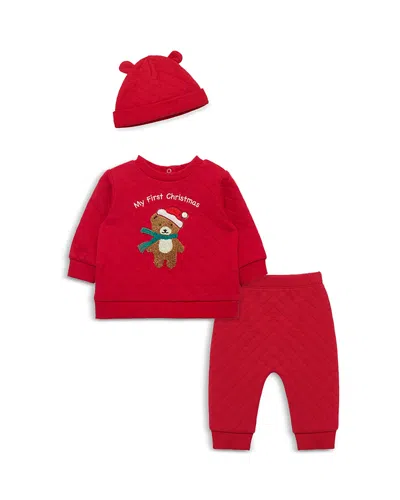 Little Me Boys' Holiday Bear Sweatshirt, Jogger Pant & Hat Set - Baby In Red