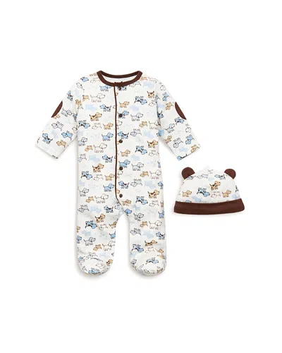 Little Me Boys' Puppy Print Footie & Hat - Baby In Blue/brown