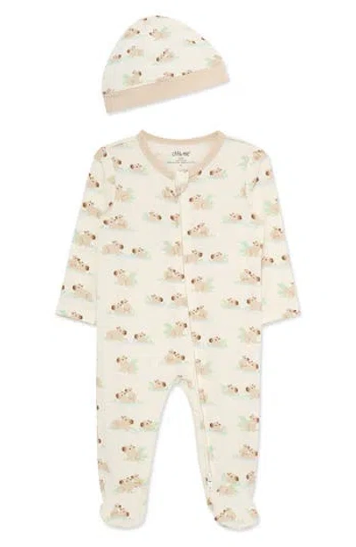 Little Me Kids'  Capybaras Stretch Viscose Zip Footie & Hat Set (nordstrom Exclusive) In White