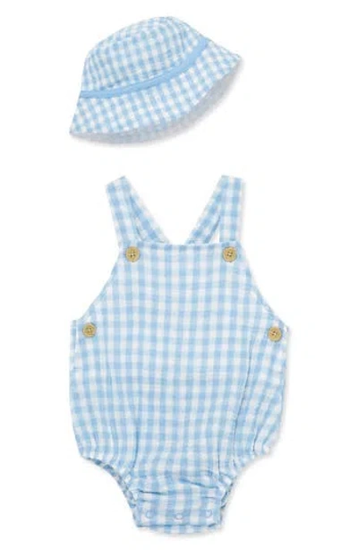 Little Me Babies'  Gingham Cotton Gauze Bubble Romper & Hat Set In Blue