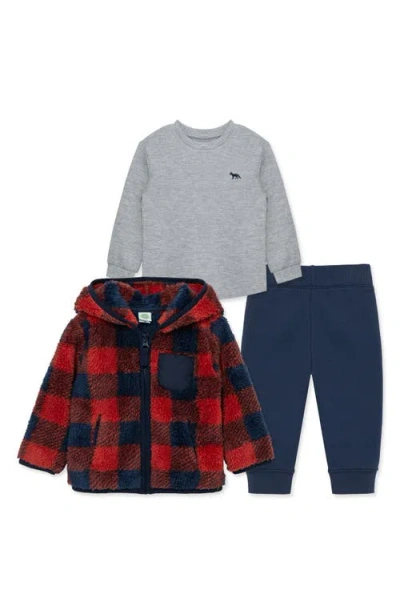 Little Me Babies'  Check Fleece Hooded Jacket, Thermal T-shirt & Pants Set In Multi