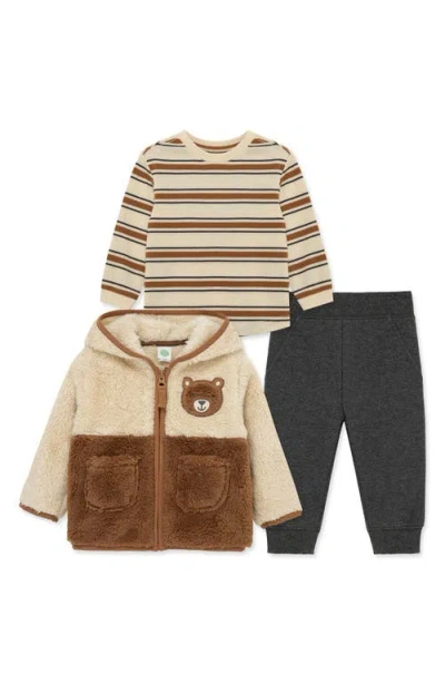 Little Me Babies'  Colorblock Fleece Jacket, Stripe Thermal T-shirt & Pants Set In Brown