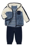 Little Me Colorblock Fleece Jacket, T-shirt & Joggers Set In Blue