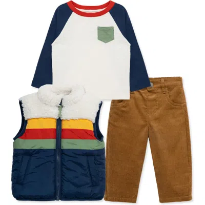 Little Me Kids'  Colorblock Puffer Vest, T-shirt & Corduroy Pants Set In Blue/white/brown Multi
