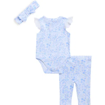 Little Me Babies'  Cotton Floral Bodysuit, Leggings & Headband Set In Blue