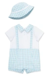 Little Me Cotton Gingham Romper & Hat Set In Blue Check