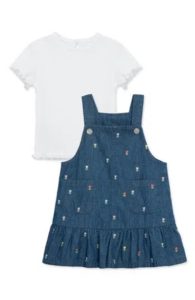Little Me Babies'  Crewneck T-shirt & Tulip Embroidered Dress Set In Blue