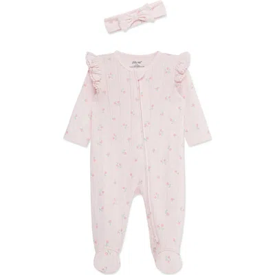 Little Me Babies'  Dainty Roses Cotton Pointelle Footie & Headband Set In Pink