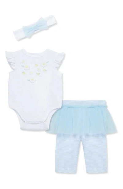 Little Me Babies'  Daisies Bow Head Wrap, Ruffle Bodysuit & Skirted Leggings Set In Blue