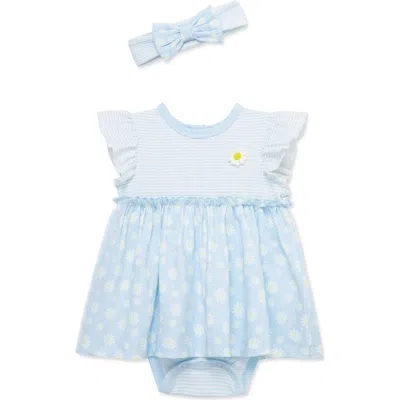 Little Me Babies'  Daisies Skirted Cotton Bodysuit & Headband Set In Blue