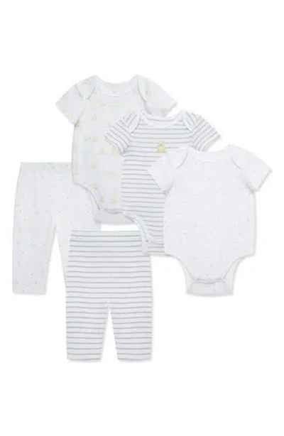 Little Me Kids'  Ducks Organic Cotton Bodysuit & Pants 5-piece Set In White Print
