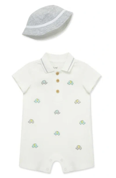 Little Me Babies'  Elephant Embroidered Cotton Romper & Hat Set In Ivory
