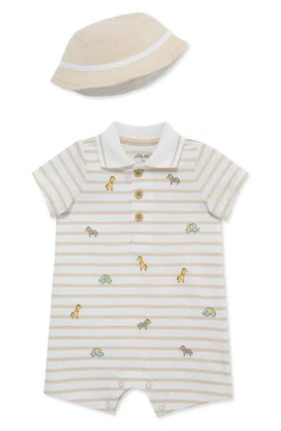 Little Me Babies'  Embroidered Cotton Romper & Hat Set In Neutral