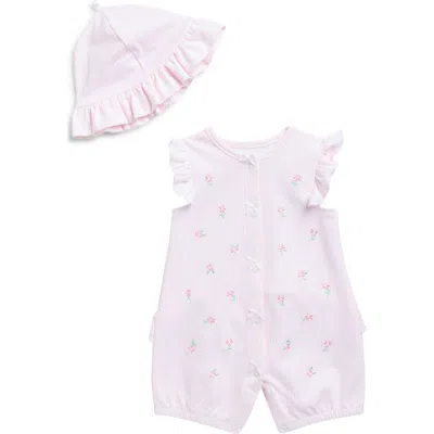Little Me Babies'  Embroidered Floral Romper & Hat Set In Pink