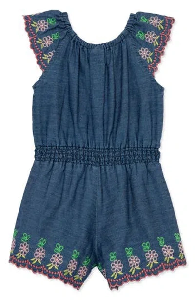 LITTLE ME LITTLE ME EMBROIDERED FLOWER CHAMBRAY ROMPER