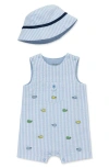 Little Me Embroidered Seersucker Cotton Romper & Bucket Hat Set In Blue