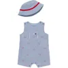 Shop Little Me Embroidered Seersucker Cotton Romper & Bucket Hat Set In Blue
