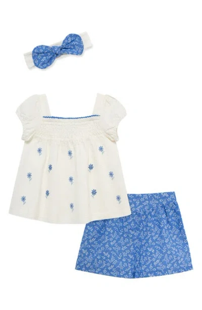 Little Me Babies'  Embroidered Top, Shorts & Headband Set In Blue
