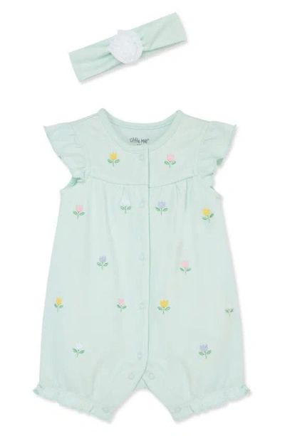 Little Me Babies' Embroidered Tulip Romper & Headband Set In Green
