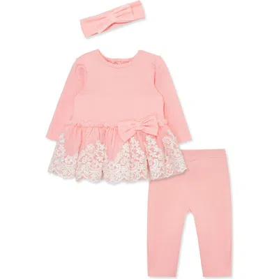 Little Me Babies'  Embroidered Tulle Tunic, Leggings & Headband Set In Pink