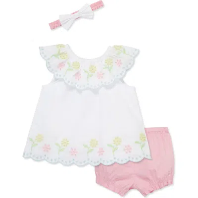 Little Me Baby Girls 3-pc. Cotton Eyelet Tunic, Shorts & Headband Set In White,pink