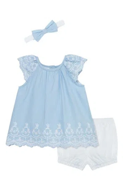 Little Me Baby Girls Blue Eyelet Sunsuit With Headband In Light Blue