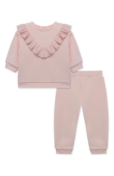 Little Me Baby Girls Ruffled Eyelet Sweatshirt & Pants, 2 Piece Set In Pink