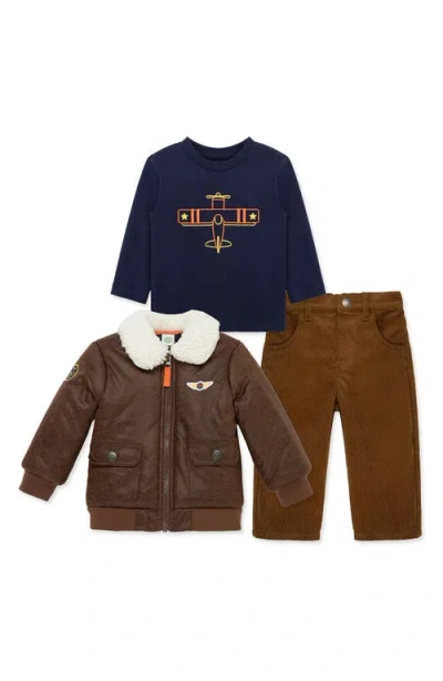 Little Me Babies'  Faux Leather Bomber Jacket, Graphic T-shirt & Corduroy Pants Set In Brown