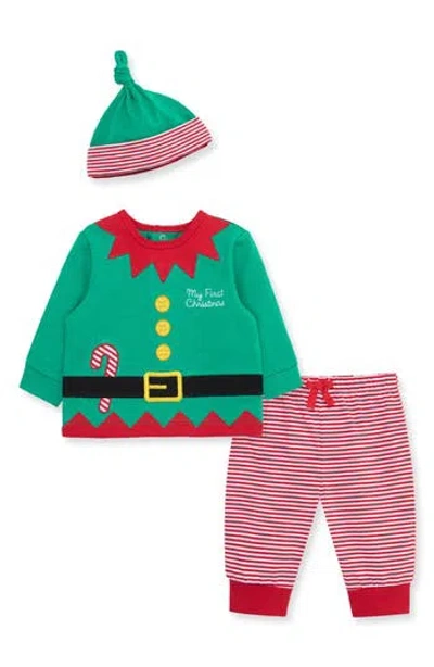Little Me Babies'  First Christmas Elf Top, Joggers & Hat Set In Red