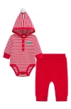 Little Me First Christmas Holiday Stripe Hooded Bodysuit & Santa Joggers Set In Red
