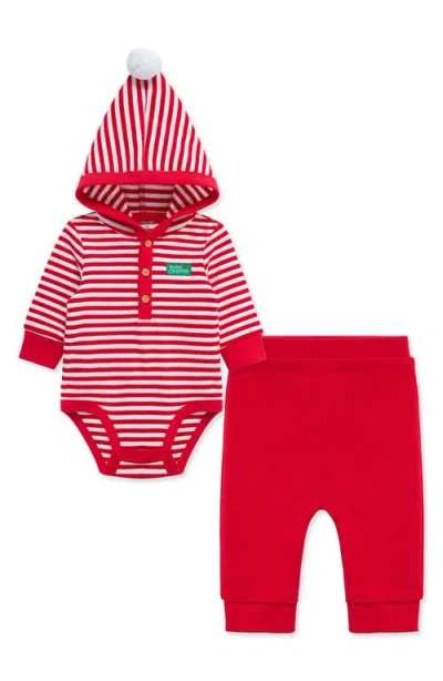 Little Me Babies'  First Christmas Holiday Stripe Hooded Bodysuit & Santa Joggers Set In Red