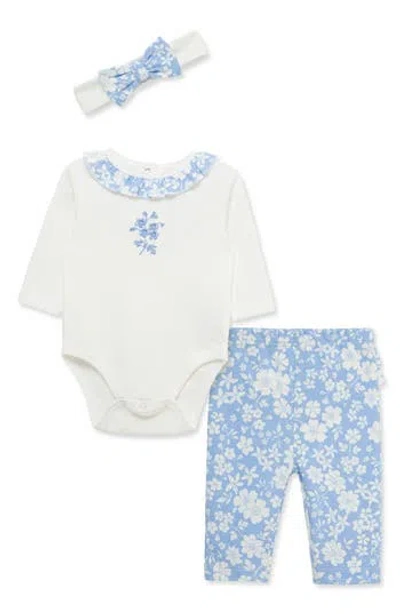 Little Me Babies'  Floral Bodysuit, Pants & Headband Set In Blue