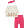 Little Me Floral Border Print Top, Leggings & Headband Set In White