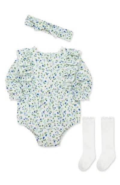Little Me Babies'  Floral Bubble Bodysuit, Pants & Headband Set In Blue