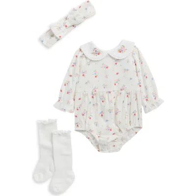Little Me Babies'  Floral Bubble Bodysuit, Socks & Headband Set In White
