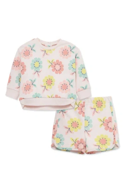 Little Me Babies'  Floral Cotton Sweatshirt & Sweat Shorts Set In Pink