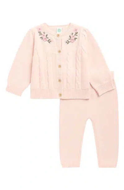 Little Me Babies'  Floral Embroidered Cable Stitch Sweater & Leggings Set In Pink